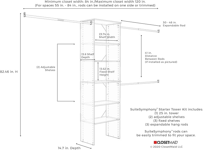 ClosetMaid SuiteSymphony Wood Closet Organizer Starter Kit with Tower and 3 Hang Rods, Shelves, Adjustable, Fits Spaces 5 – 10 ft. Wide, Pure White