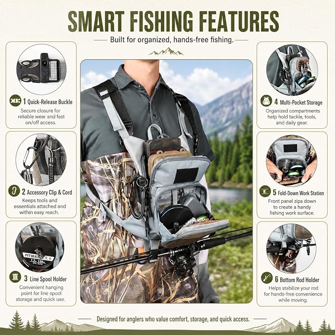 Qiullen Fly Fishing Chest Pack,Waterproof Tackle Bag with Zip-Down Workstation,Fly Box Storage,Net Holder,Adjustable Straps for Wading and Stream Fishing