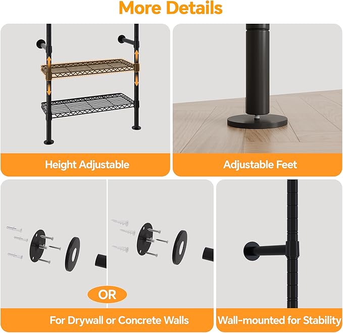 W3 Industrial Pipe Clothing Rack, Wall Mounted Clothes Rack Closet Wardrobe System with Expandable Hanger Rods Adjustable Storage Shelves, Heavy Duty Corner Walk-in Closet System, Black