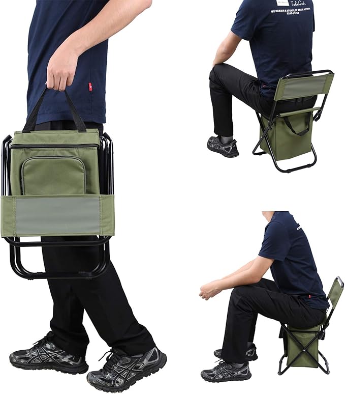 LEADALLWAY Fishing Chair with Cooler Bag Compact Fishing Stool Foldable Small Hunting Chair 12.2" Seat Depth,12.6" Seat Width