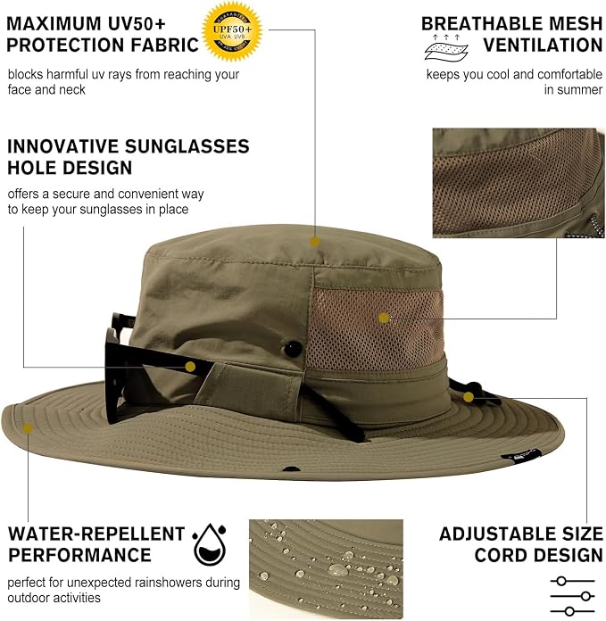 TOP-EX UVCoolix™ UV Protection Mens Sun Hat with Cooling Neck Flap Sunglass Lock Wide Brim Fishing Hats