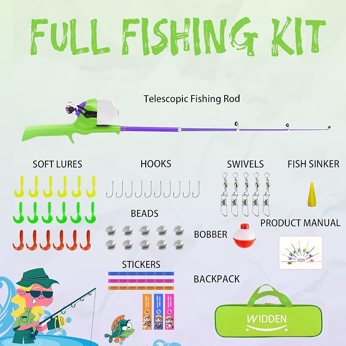 Kids Fishing Pole, Telescopic Fishing Rod, Toddler Collapsible Fishing Rod and Reel Combo with Tackle Box, Fishing Line, Bobber, and Soft Lures for Boy, Girl, Youth, Beginner, Over 4 Years Old