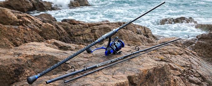 Sougayilang Surf Fishing Combo, 3-Piece Carbon Fiber Travel Rod, 4000 Spinning Reel, 20LB Drag, 5.2:1 Gear Ratio, 12+1 Bearings for Striped Bass, Redfish, Bluefish – Beach & Surf Casting