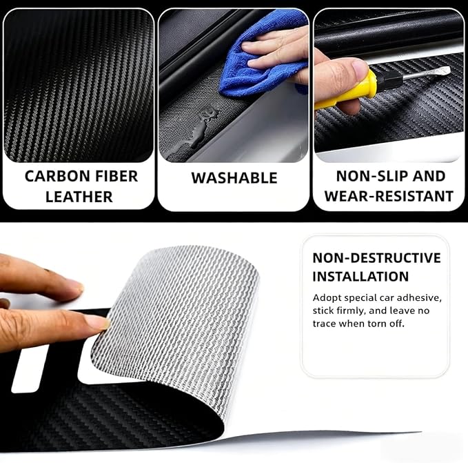 Door Sill Protector for Picanto Proceed Rio K3 K5 Sportage Stinger Soul GT Line Accessories Car Door Entry Guard Sill Protector with Plastic Scraper Carbon Fiber Leather Threshold Stickers