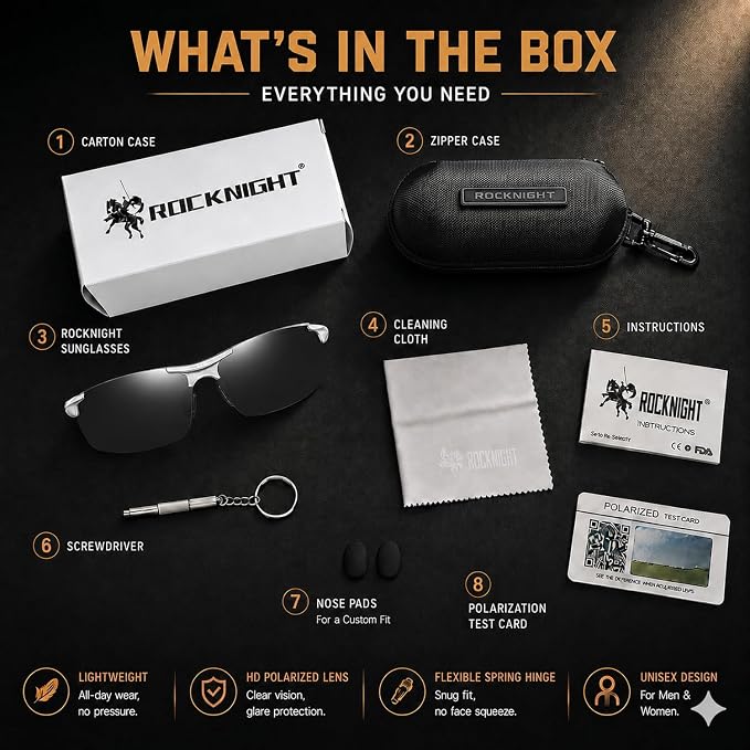 ROCKNIGHT Polarized Rectangular Sunglasses for Men Driving UV400 Protection Lightweight Al‑Mg Frame