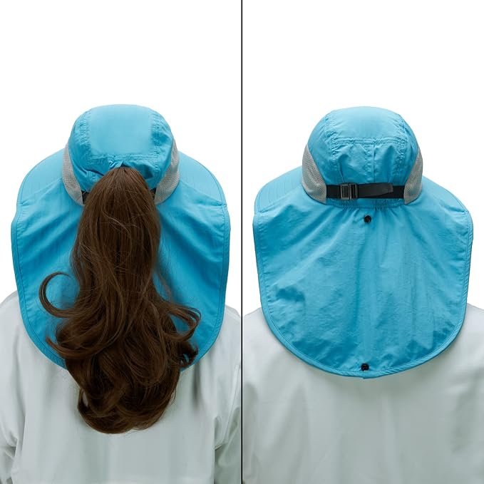BASSDASH UPF 50+ Unisex Water Resistant Wide Brim Sun Hat with Large Neck Flap Ponytail Fishing Hat for Men Women