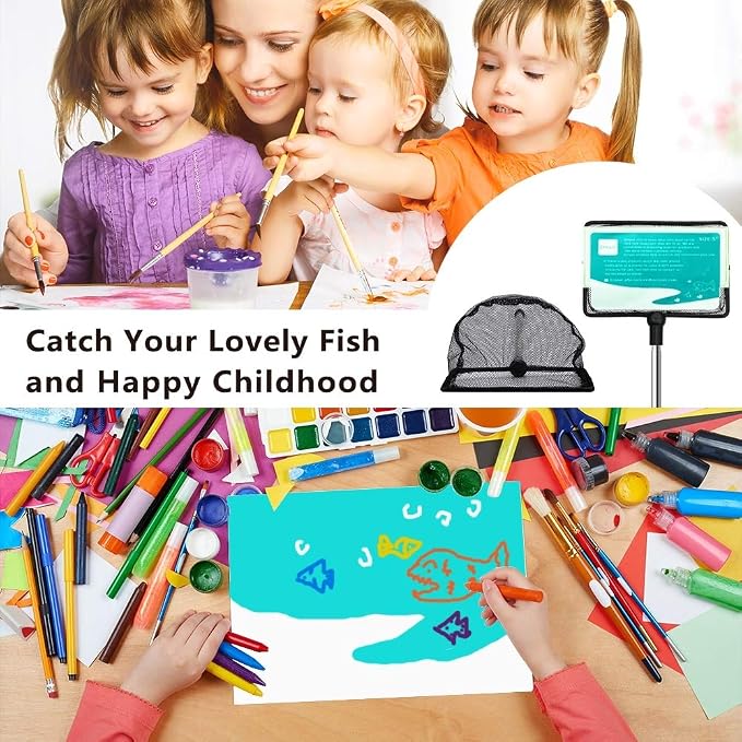Aquarium Fish Net, 5 Inch Fine Mesh Fish Tank with Extendable 9-24 inch Long Handle