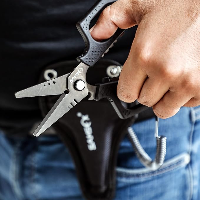 SAMSFX 6.5in Fishing Scissors with Non-Slip Grip Handles and Micro Serrated Edges, Multi-Function Shears with Nylon Sheath