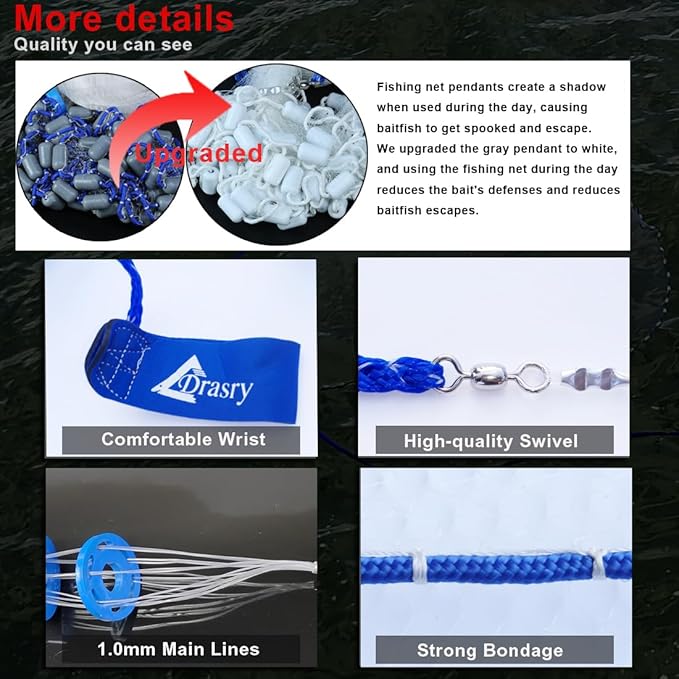Drasry Saltwater Fishing Cast Net 3/8 and 1/4 Mesh with Heavy Duty Gray Sinker American Monofilament Fish Throw Net for Bait Trap 3FT 4FT 5FT 6FT 7FT 8FT 9FT Radius