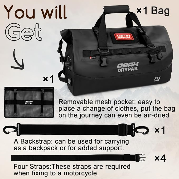 Waterproof Duffel Bag 25L/40L/60L β Heavy-Duty Motorcycle Tail Bag, Roll-Top Dry Bag for Travel, Camping, Boating, Kayaking, Outdoor Adventure