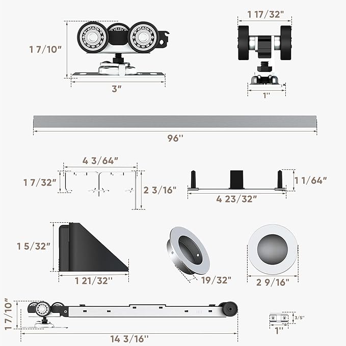 JUBEST 8FT/96 Heavy Duty Bypass Door Hardware with Soft Close Mechanism, Sliding Closet Door Hardware Set for 2 Door System, Smoothly and Quietly, Fit Door Thickness 1 3/8" or 1 3/4", Easy to Install