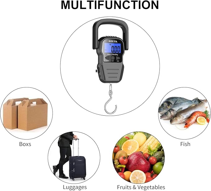 HEETA Fish Scale with Backlit LCD Display, Up to 110lb/50kg Digital Portable Hanging Fish Weight Scale with Hook & Measuring Tape for Home, Farm, Outdoor, Hunting, Fishing, 2 AAA Batteries Included