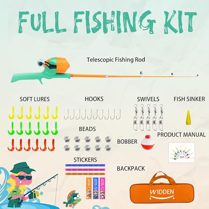 Kids Fishing Pole, Telescopic Fishing Rod, Toddler Collapsible Fishing Rod and Reel Combo with Tackle Box, Fishing Line, Bobber, and Soft Lures for Boy, Girl, Youth, Beginner, Over 4 Years Old