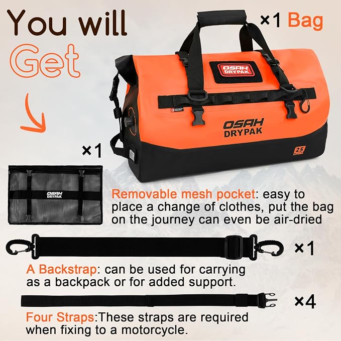 OSAH DRYPAK Waterproof Duffel Bag 25L/40L/60L β Heavy-Duty Motorcycle Tail Bag, Roll-Top Dry Bag for Travel, Camping, Boating, Kayaking, Outdoor Adventure