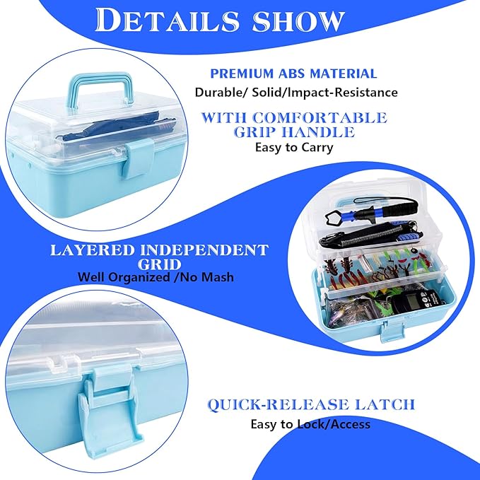 3-Layer Fishing Tackle Box with Tackle Included, Fishing Tools Kit Includes Pliers Fish Lip Gripper Scale Crankbait Spinnerbaits Soft Baits Hooks, Ideal Gift for Angler Saltwater Freshwater (Blue)