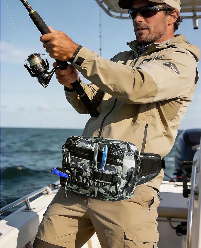 CVLIFE Fishing Tackle Bag Waist Pack with Rod Holder, Water Resistant Fanny Pack Includes 3600 Tackle Box, Waterproof Pouch & Carabiners, Convertible Sling Bag with Net Holster for Gear