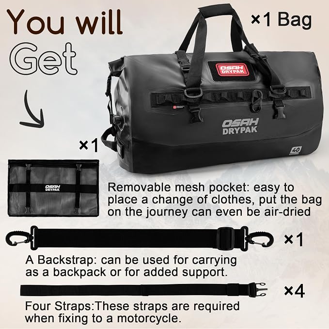 OSAH DRYPAK Waterproof Duffel Bag 25L/40L/60L β Heavy-Duty Motorcycle Tail Bag, Roll-Top Dry Bag for Travel, Camping, Boating, Kayaking, Outdoor Adventure