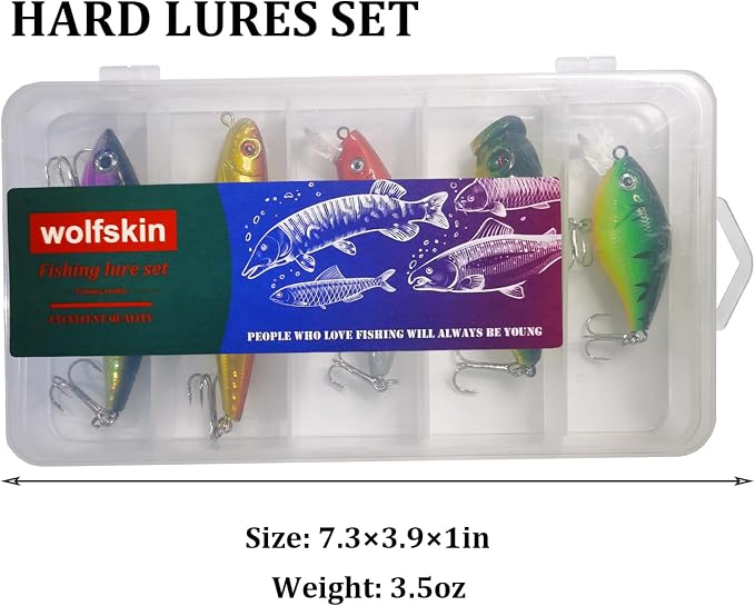 WOLFSKIN Fishing Lures Kit, Fishing Baits Set, Included Crankbaits, Curly Tail Jigs, Spoons, Hooks, Weights, Fishing Accessories with Tackle Box, for Carp, Bass, Freshwater Saltwate
