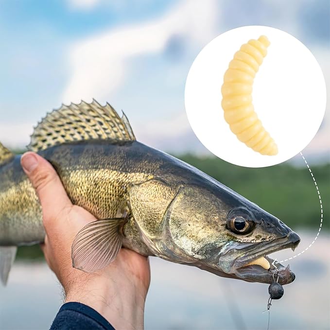 200PCS Fake Worms 20mm Realistic Soft Lures Fishing Plastic Maggots Beige Color Suitable for Lure Fishing Used for Bass and Ice Fishing Maggot Lures