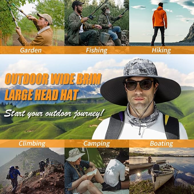 【Oversize XXL&Wide Brim】 Sun Hats for Men, 【UPF50+Waterproof】 Fishing-Hat Boonie Bucket for Hiking Safari Beach Garden