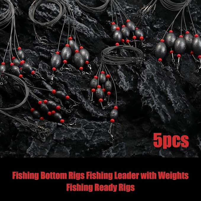Fishing Egg Sinker with Soft Plastic Core Weight Rigs 5pcs Flounder Rig Saltwater,176.37lb Fishing Wire Leader with Egg Sinker Swivels Snap, Grouper Bottom Fishing Rigs