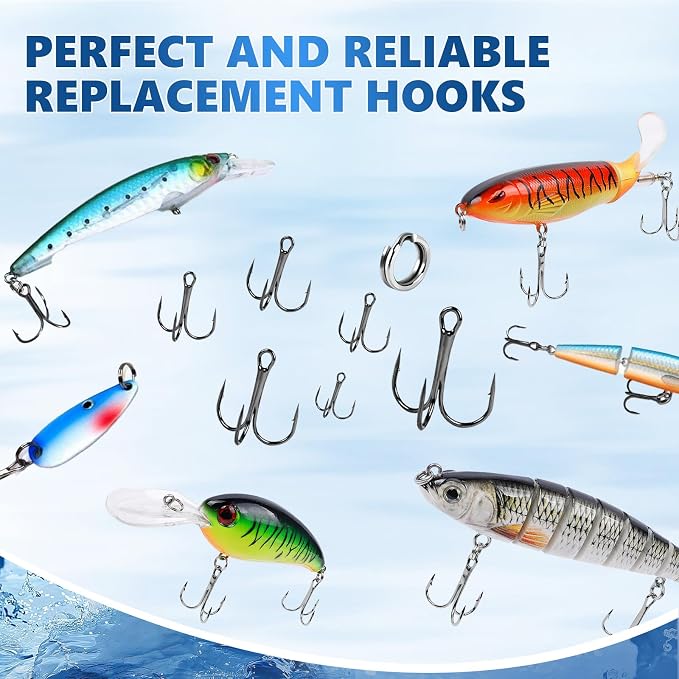 UCEC Fishing Hooks Treble Hooks Kit for Saltwater Freshwater, High Carbon Steel Strong Sharp Round Bend for Catfish Trout Hard Baits Lures, Size #1#2#4#6#8#10#12#14 110/50/210 Pack with Split Rings