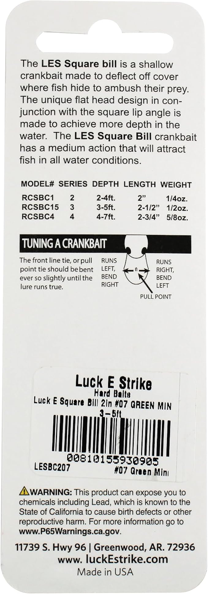 Luck E Strike 2 Inch Square Bill Crankbait, Made in The USA
