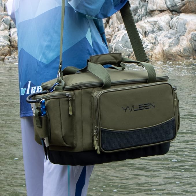 YVLEEN Fishing Tackle Box Bag - Outdoor Large Fishing Tackle Storage Bag - 100% Water-Resistant Polyester Material - Fishing Tackle Bags - Suitable for 3600 3700 Tackle Box (Army Green)