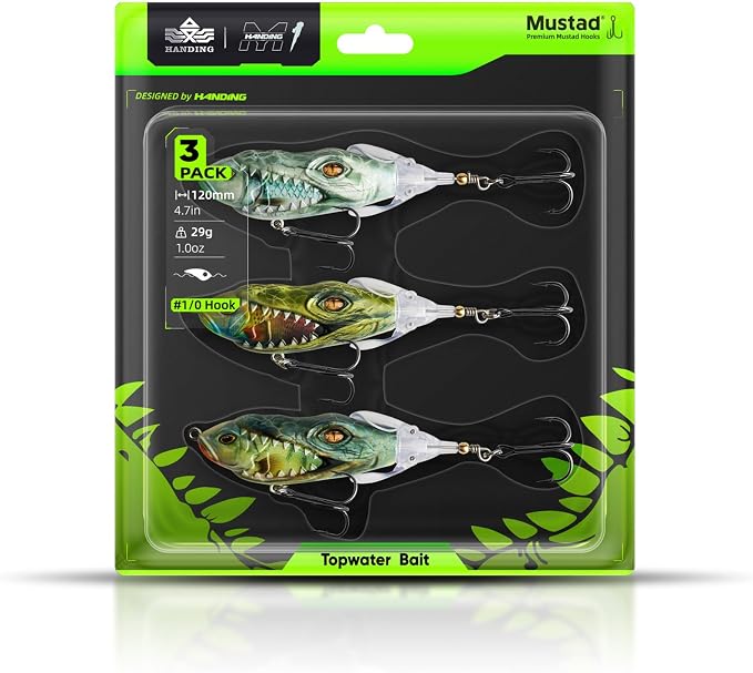 Handing Topwater Fishing Lure 3 Pieces Bass Fishing Lure with Mustad Hook, Lifelike Swimbait for Pike Catfish, for Anglers, 1/2oz, 3/4oz and 1oz