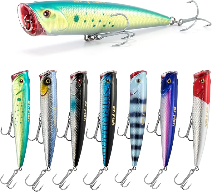 Dr.Fish Popper Saltwater Fishing Lures, 4/5.5 Inches GT Popper VMC Treble Hooks Surf Fishing Lures for Bass Striper Pike Salmon Offshore
