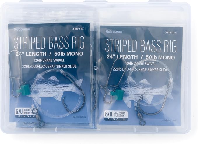 Striped Bass Rigs, 6/0 Inline Circle Hook with 24" 50lb Mono Leader Fish Finder Slider Rigs, 6-Pack Hand-Tied Saltwater Surf Fishing Tackle with 126lb Swivel & 220lb Snap for Striper Fishing