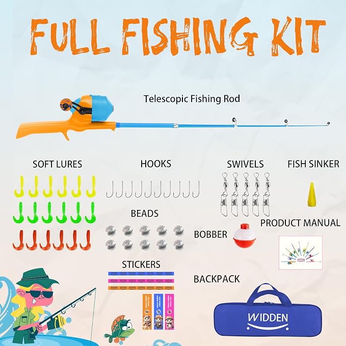 Kids Fishing Pole, Telescopic Fishing Rod, Toddler Collapsible Fishing Rod and Reel Combo with Tackle Box, Fishing Line, Bobber, and Soft Lures for Boy, Girl, Youth, Beginner, Over 4 Years Old