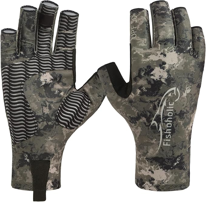 Fishoholic UPF50+ Fingerless Fishing Gloves - Sticky Grip Sun Protection Glove - Kayaking Paddling or Rowing