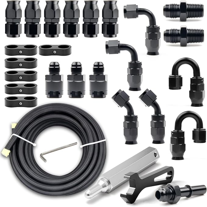 8AN PTFE Fuel Line Kit, 13/32" Nylon Stainless Steel Braided, LS Swap EFI E85 Injection Fuel Hose Fitting AN8 26FT