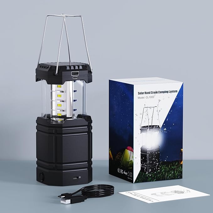 3000mAh Large Capacity Hand Crank Solar Camping Lantern, Portable Ultra Bright LED Torch, 23-26 Hours Running Time, USB Charger, Electronic Lantern for Outdoor