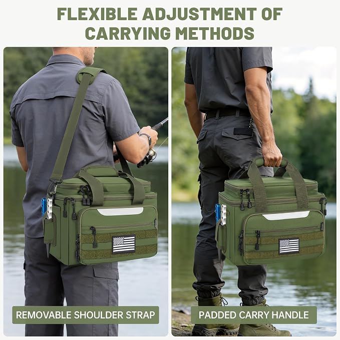 20L Fishing Tackle Bag Empty, Fits 3400-3600 Lure Boxes, Water Resistant Fishing Gear Storage Bag, Portable Padded Shoulder Strap Bag for Saltwater Freshwater,Green