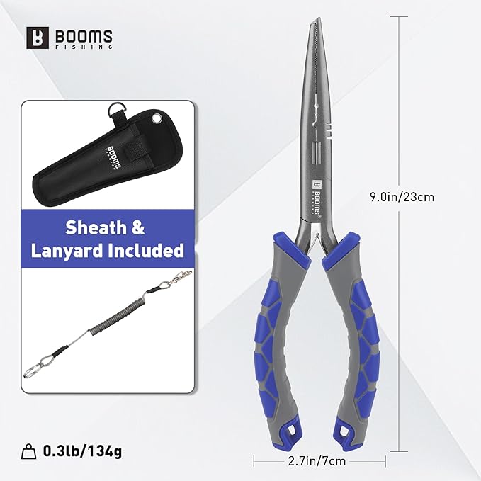 Booms Fishing Needle Nose Pliers: 9" Long Nose Hook Remover and Split Ring Fish Pliers with Lanyard and Sheath - XW10 Multi-Function Saltwater Fishing Gear, Blue & Gray