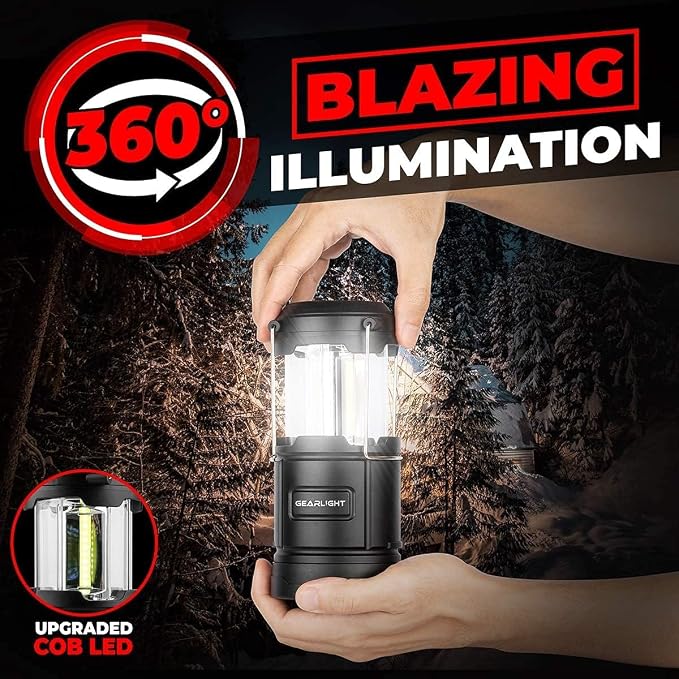 GearLight Rechargeable Camping Lantern - 2 Portable LED Lanterns with Magnetic Base and Foldable Hook for Emergency Use or Campsites, Essential Hurricane Survival Kit - Black
