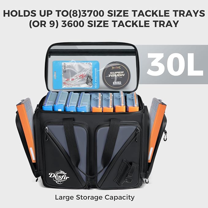 Handor Waterproof Fishing Tackle Bag, Large Saltwater Resistant Storage, 1000D PVC Material, Holds 3600 3700 Trays (Black and Gary, Medium Bag)