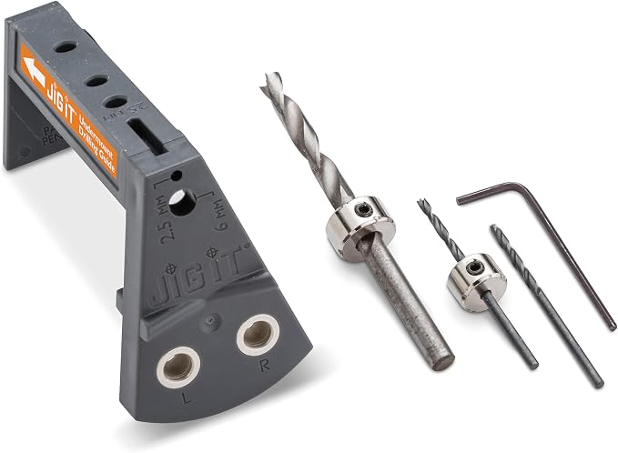 JIG IT Undermount Drilling Guide - Durable ABS Plastic Drill Angle Guide w/Steel Inserts - Drill Guide Jig for Blum Tandem & Drawer Slide – Ideal Woodworking Tools Includes Drill Bits, Collars & More