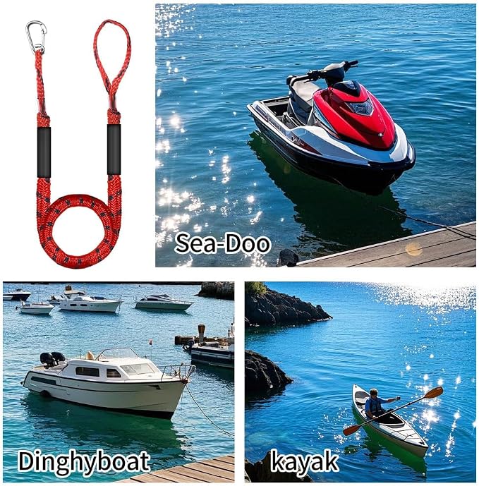 4-5.5ft, Bungee Dock Line with Stainless Steel Clip Safe Boat Rope Mooring String with Foam Float for Pontoon, Boat Accessories, Sea Doo,2 Pack (Red&Black)