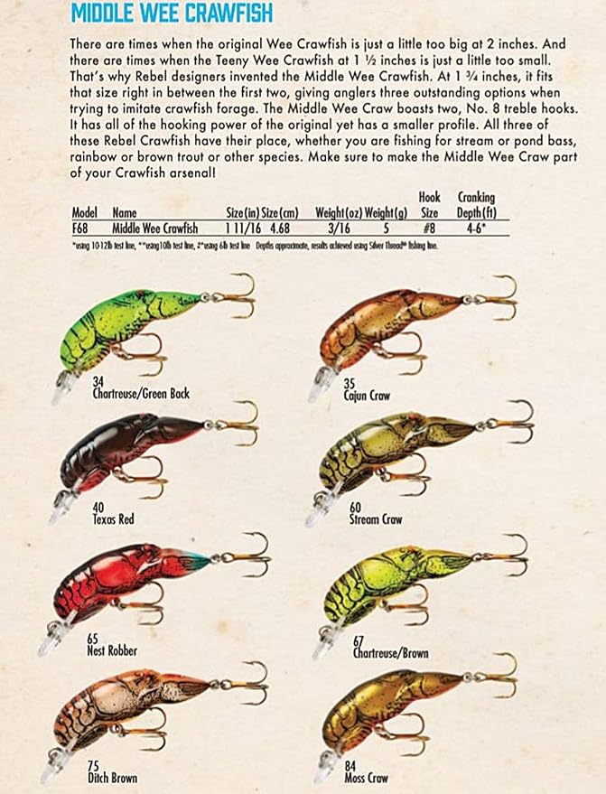 Rebel Lures Original Realistic Crawfish Crankbait Fishing Lure