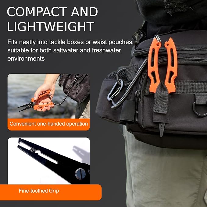 BasicGear Multi-Functional Fishing Pliers - 7" 420 Stainless Steel Head with Teflon Coating, Built-in Spring & Lock, Non-Slip Rubber Grip