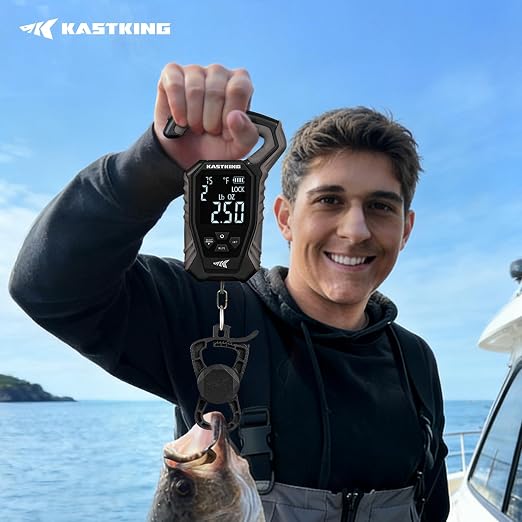 KastKing Weighmaster Mechanical-Digital Fishing Scale with Lip Gripper, 120 lb Capacity, 2.5" Backlit Display, High-Precision Sensor, 9 Weight Memory, Temperature Detection, IPX6 Waterproof