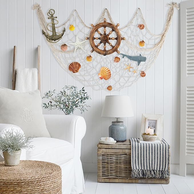 80x40 Inch Decorative Fishing Net w/Shells & Clips, 3mm Beige Natural Cotton Large Photo Hanging Fishnet, Wall Halloween Party Decorations for Nautical Pirate Hawaii Underwater Mermaid Themed Party
