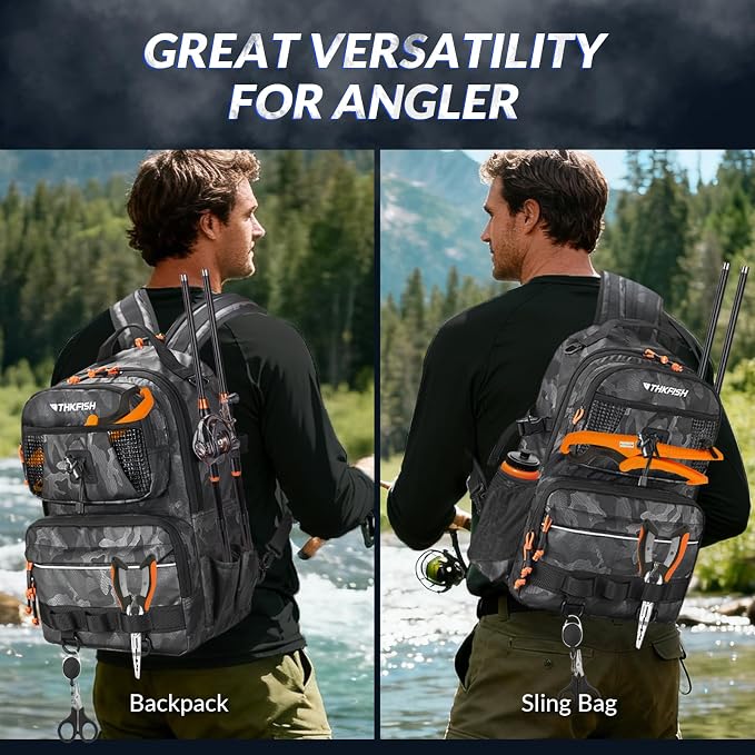 THKFISH Fishing Backpack with Tackle Boxes, 20L Waterproof Tackle Sling Bag with Lures Kit, Fish Lip Gripper, Pliers, Scissors, Fishing Gifts for Men Women