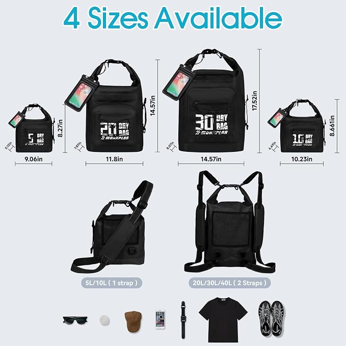 MORXPLOR Dry Bag Waterproof,5L/10L/20L/30L/40L/55L Roll Top Dry Bag Backpack with WaterProof Phone Case for Swim,Kayak