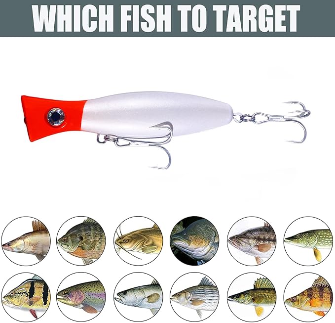 Popper Fishing Lure Set, 3 PCS Topwater Popper Lures 3D Eyes Fishing Accessories for Saltwater Surface Casting and Freshwater Fishing Gt Tuna Kingfish Large Predator Fish (5.11in, 1.48Oz)