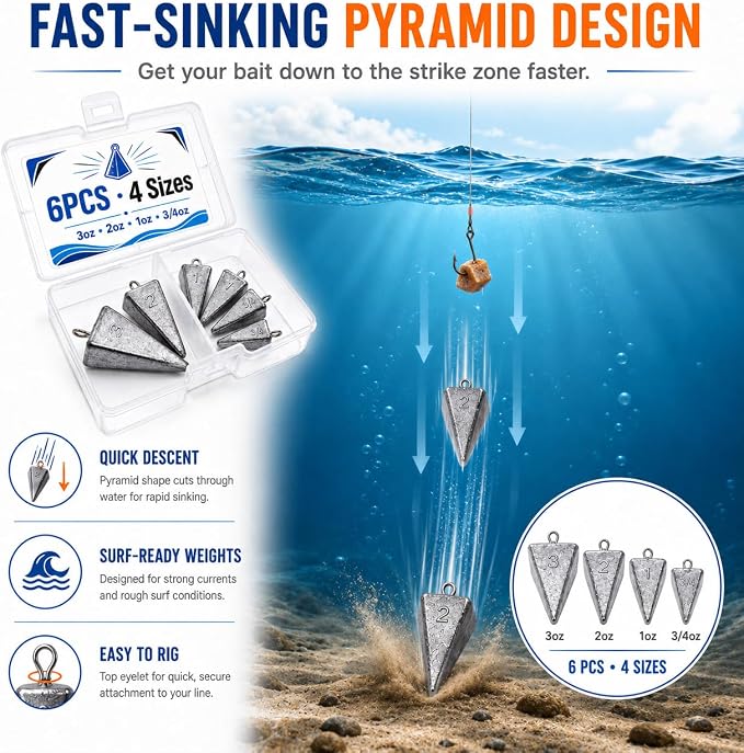SANWEAL Pyramid Sinkers Fishing Weights, 6/14Pcs 4/6 Sizes 1oz-6oz Lead Fishing Sinkers for Surf Fishing, Anti-Roll Triangle Sinkers for Saltwater Freshwater Bottom Fishing, Catfish Pompano Rigs