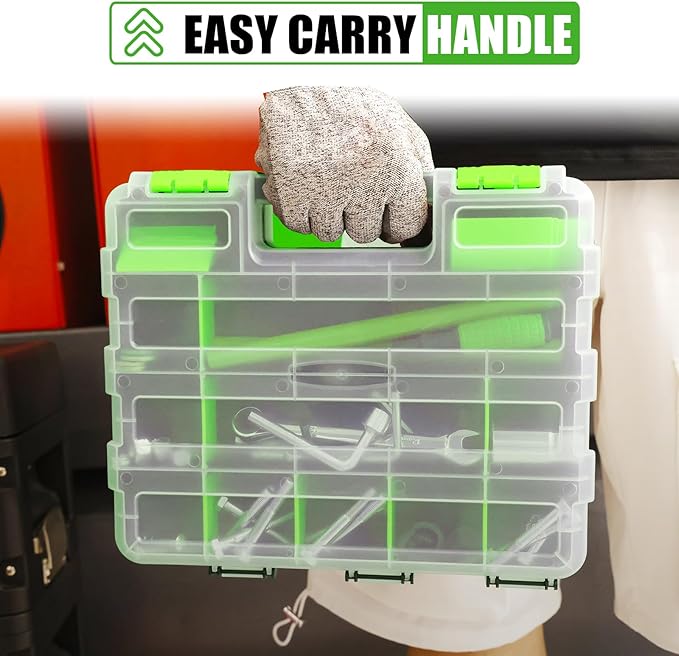Tool Box with Transparent Lid, Double Side 34-Compartments Organizer Box with Removable Dividers for Hardware, Screws, Bolts, Nails, Beads, Jewelry and Fishing Accessories, Green, 2 Packs